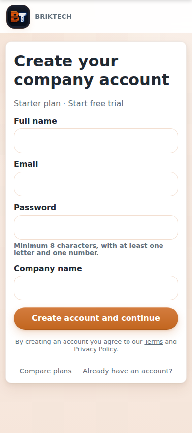 The BrikTech sign-up screen