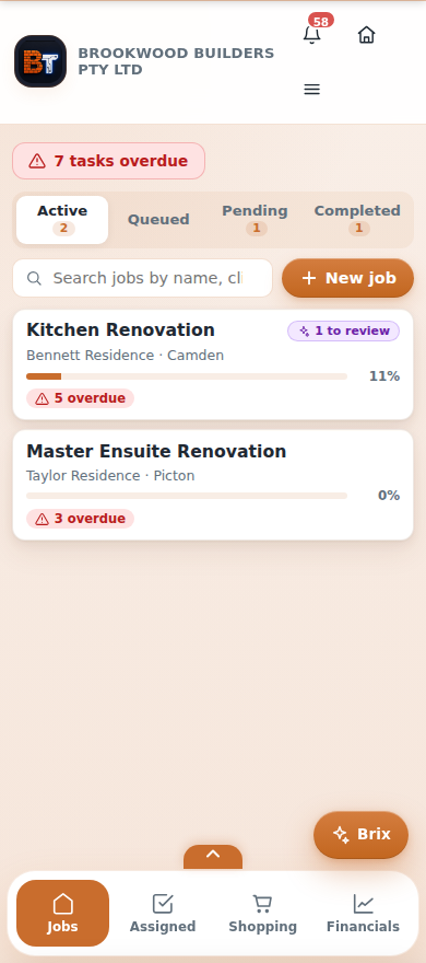 Company dashboard with overdue count and job list