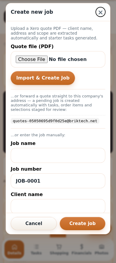 The create job dialog