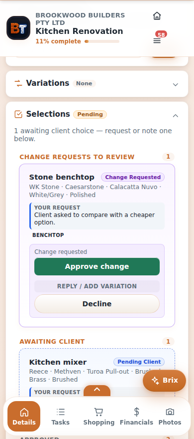 The selections section with a change request