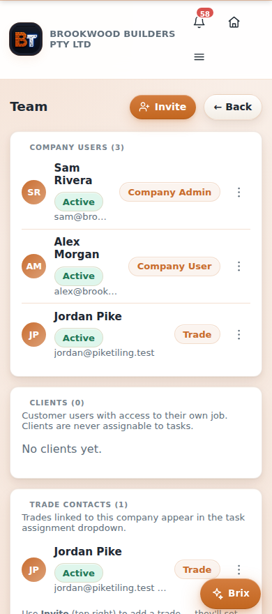 The team management screen
