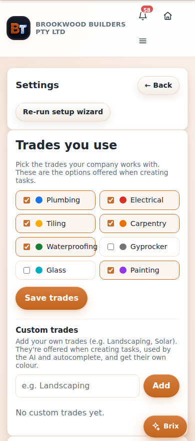 Trades and suppliers settings