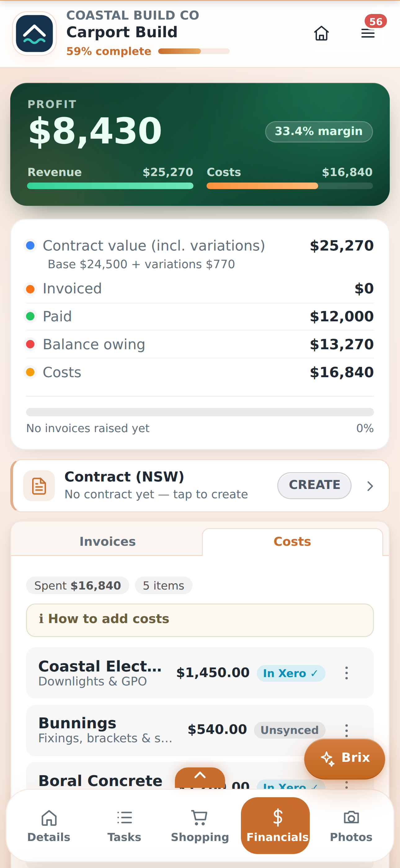 BrikTech job costs — scanned receipts and supplier bills coded to Xero, with profit on the job