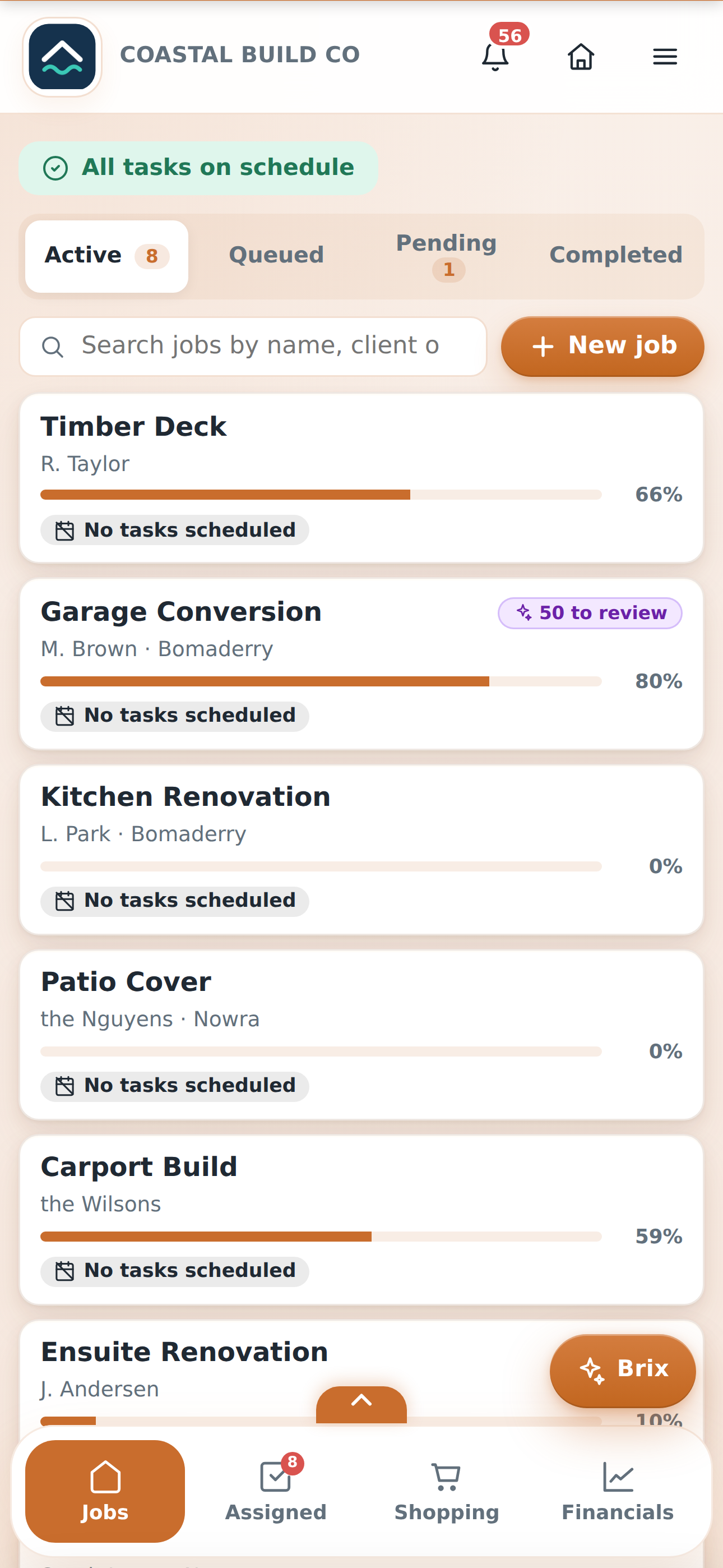 BrikTech jobs list showing active jobs with progress and overdue alerts