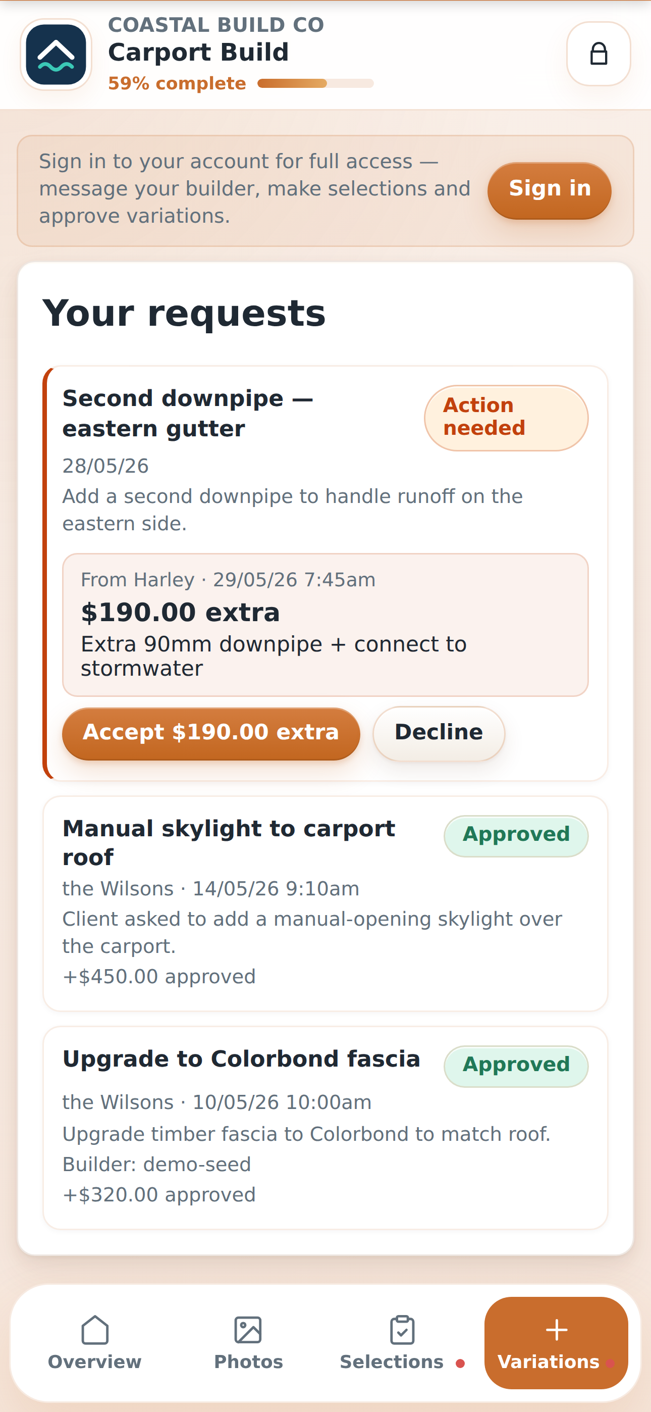 BrikTech client portal: a client reviewing and accepting a variation for an extra cost