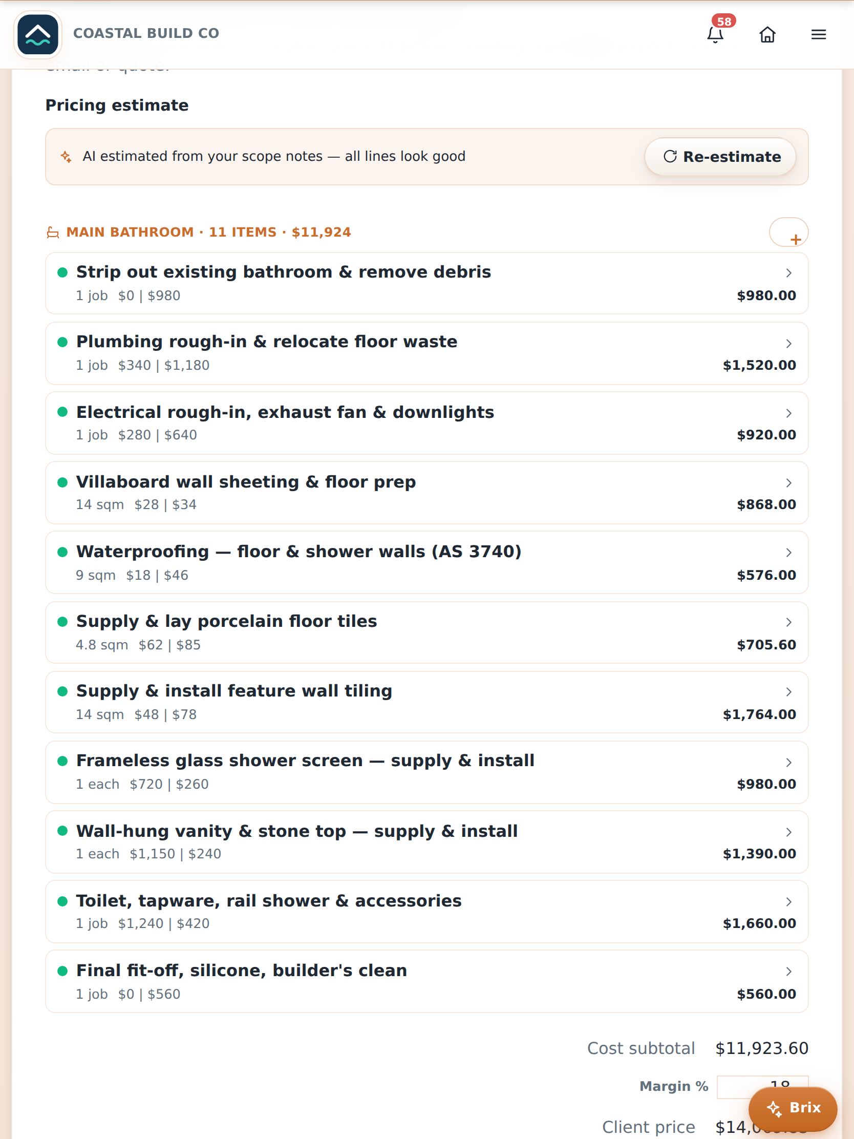 BrikTech on a tablet: an AI-priced quote estimate generated from on-site scope notes, with line-item rates, margin and client total