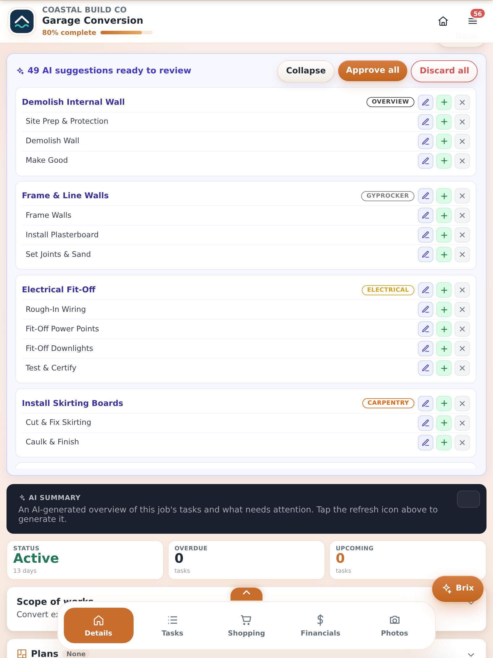 BrikTech on a tablet: suggested tasks, subtasks and trades generated from a job's scope of works