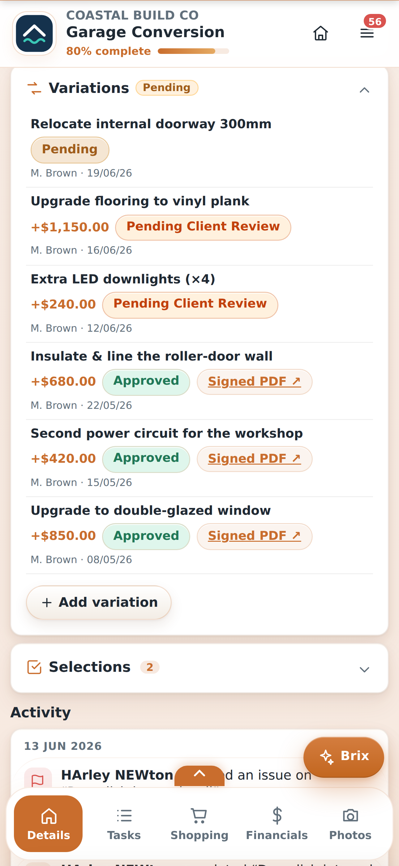 Admin variations list — three approved & signed, three pending — branded for Coastal Build Co